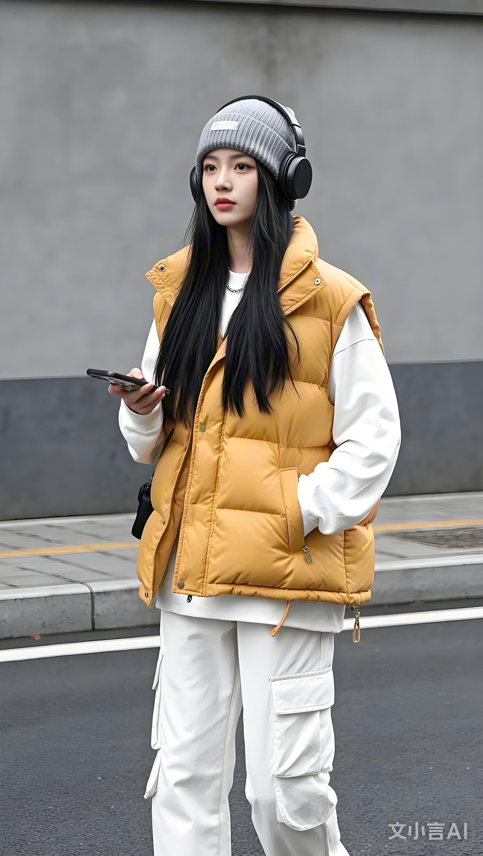 这位年轻女子以一身黄白灰配色,轻松驾驭春日街头时尚