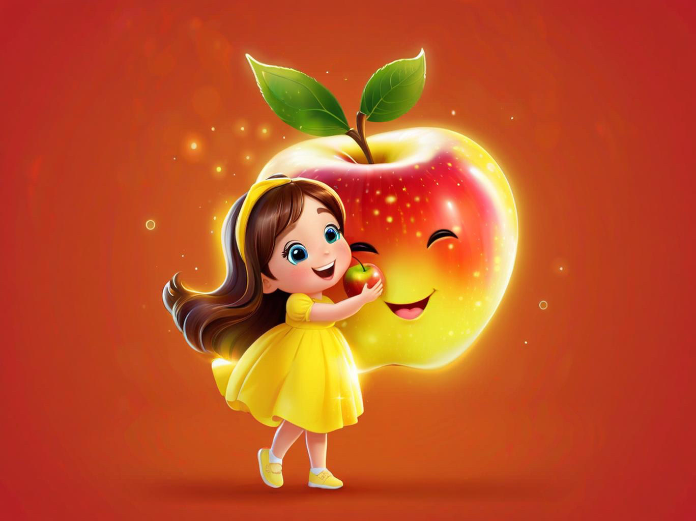 一个穿着黄色连衣裙的小女孩正张开双臂,开心地拥抱着一个巨大的苹果