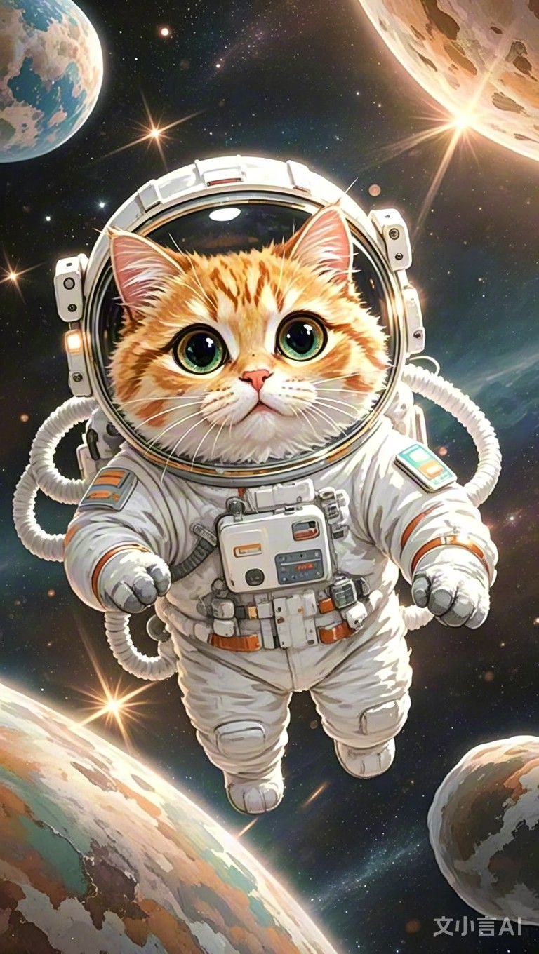 太空萌宠:姜黄猫咪宇航记 姜黄猫咪着宇航服,太空漂浮大眼睛