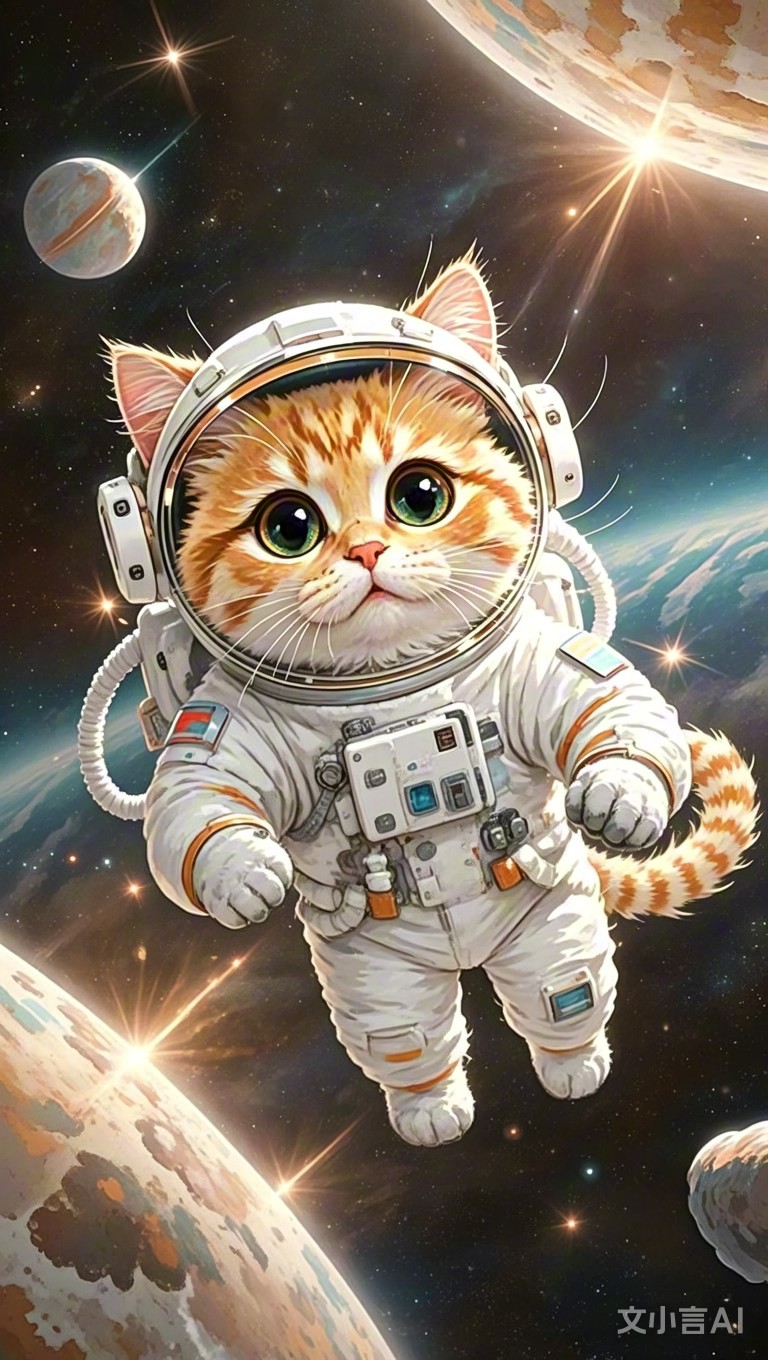 太空萌宠:姜黄猫咪宇航记 姜黄猫咪着宇航服,太空漂浮大眼睛