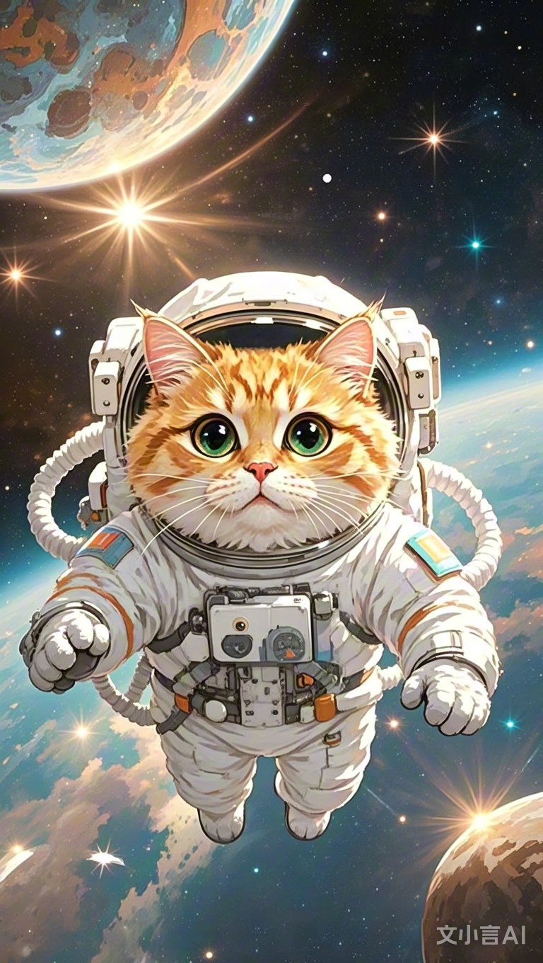 太空萌宠:姜黄猫咪宇航记 姜黄猫咪着宇航服,太空漂浮大眼睛