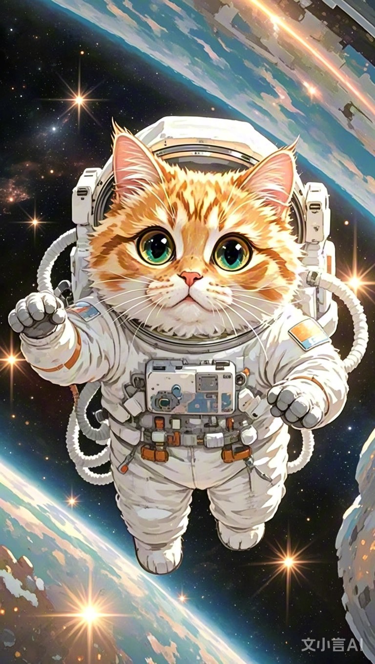 太空萌宠:姜黄猫咪宇航记 姜黄猫咪着宇航服,太空漂浮大眼睛